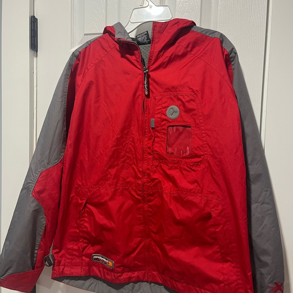 Red and Gray Hooded Jacket